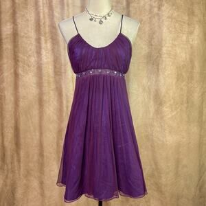 Vintage 90s Purple Mesh Mini Party Dress Empire Waist Beaded Fit & Flare Y2K